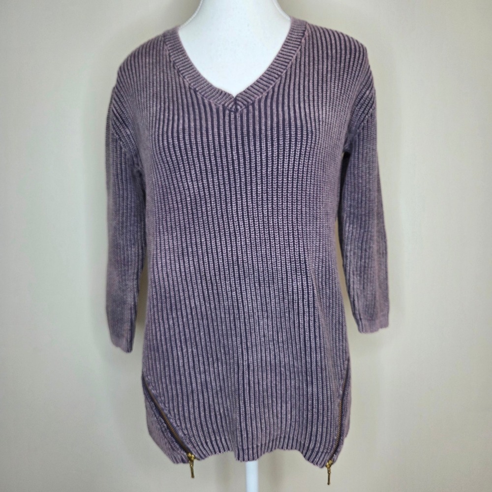 Tyler Boe Purple Acid Wash Shaker Knit V-Neck Side Zip Cotton Sweater Womens L